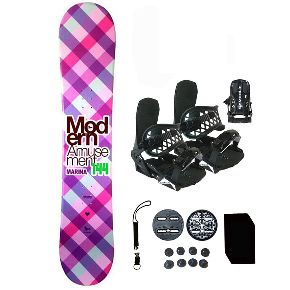 140cm Modern Amusement Marina Blem Snowboard & Symbolic Bindings & Leash, Stomp Package (140cm Marina Blem (wf263), Bindings Black XS (fits 1-5))