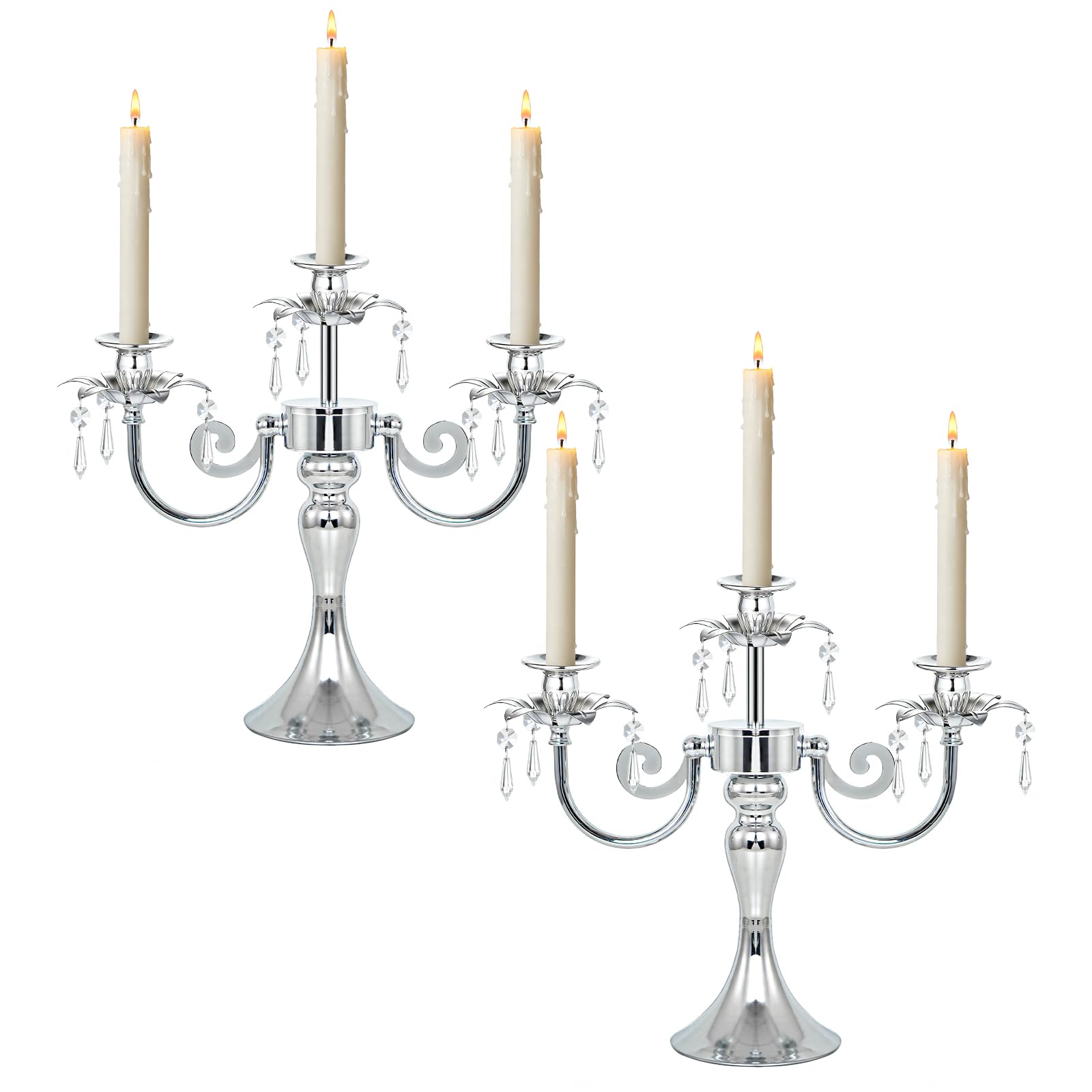 Metal 3 Arm Candelabra with Crystal Pendants - 11.8 Inch Tall Candle Holders, Set of 2 - Elegant Taper Candlestick Stand for Wedding, Dining Table, Christmas Party Home Decoration (2, Silver)