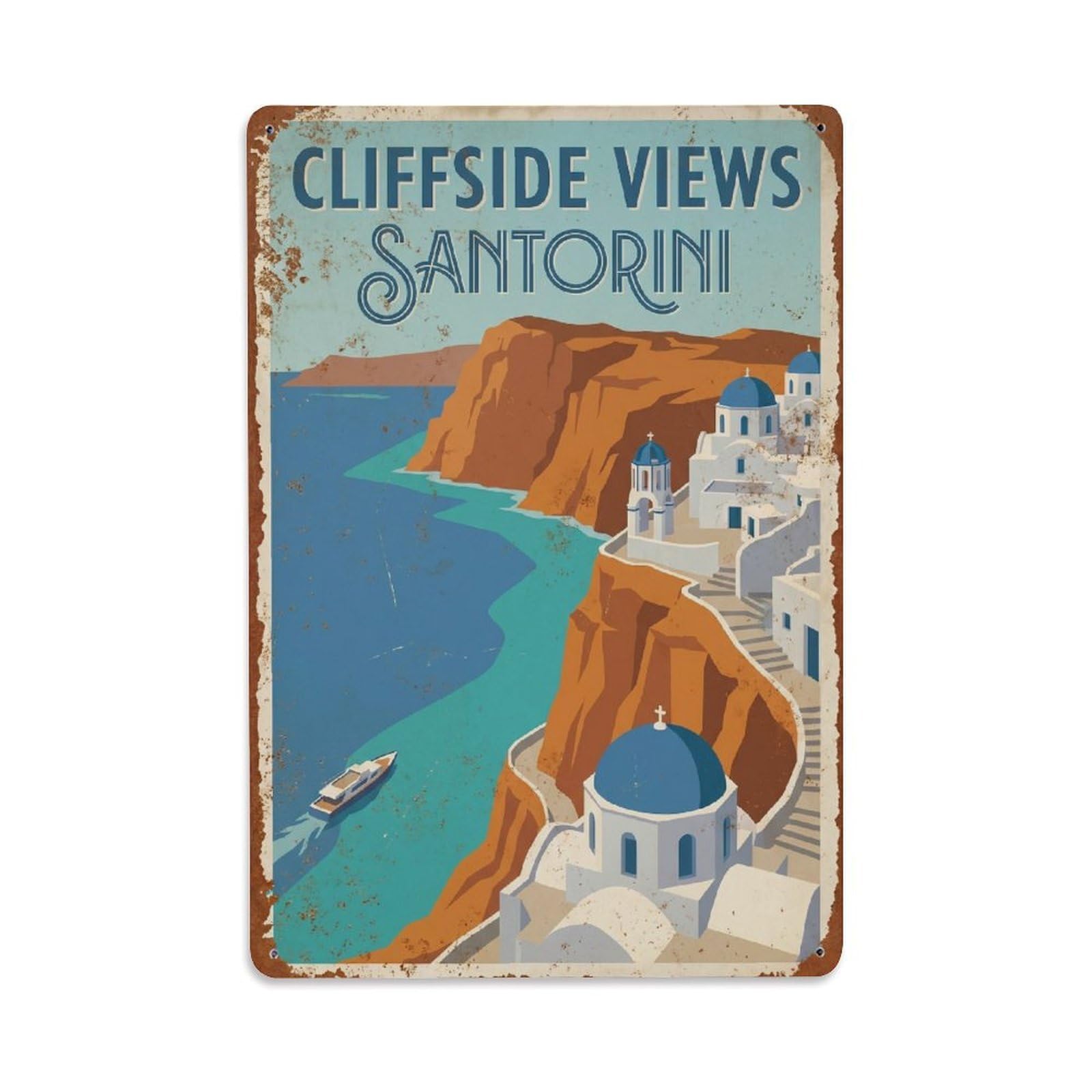 Gead 8X12inch Style Vintage Travel Santorini Cliffside Views Metal Tin Sign