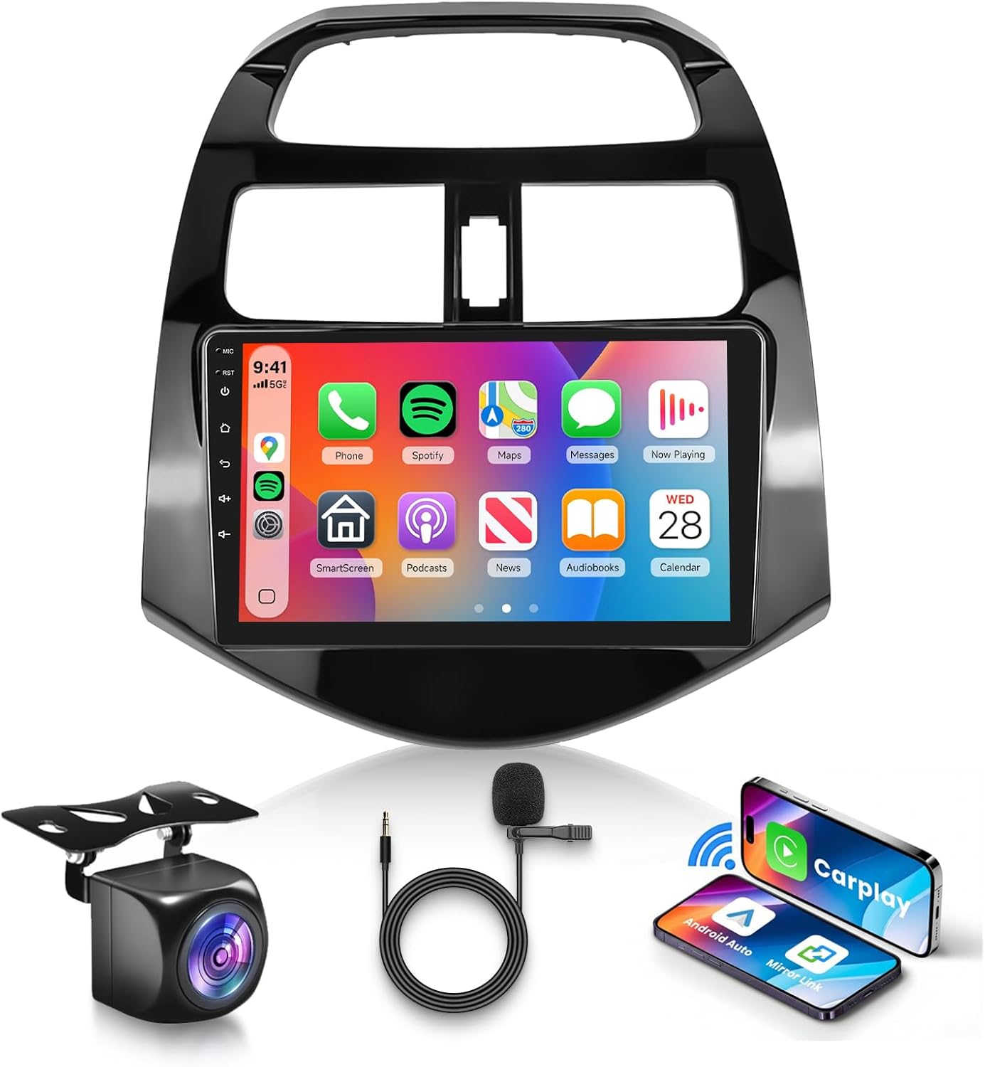 5G WiFi Android 15 Car Stereo for Chevrolet Spark 2011-2014 with Wireless Carplay Android Auto, 9 Inch Touch Screen Android Radio Support GPS/Bluetooth/FM/SWC/Backup Camera