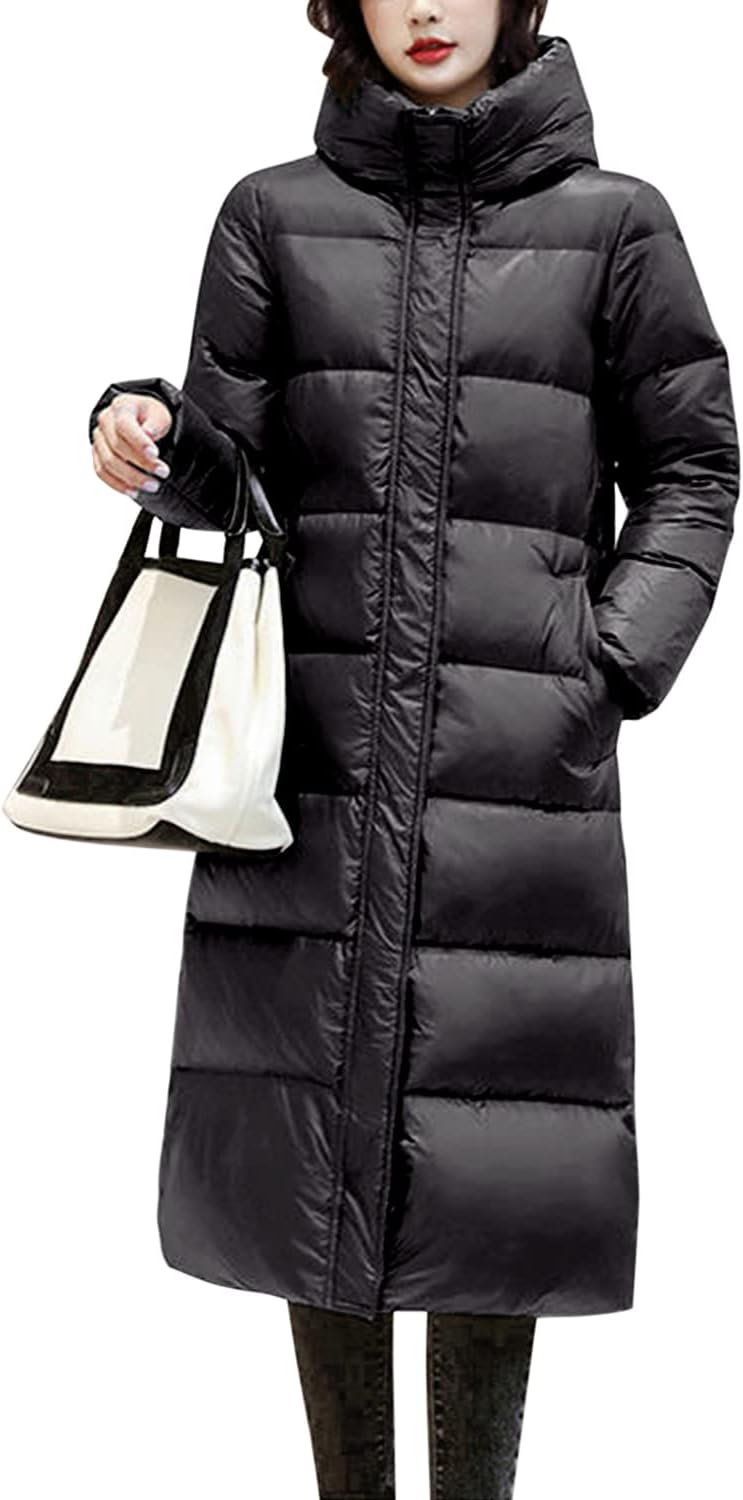 Womens Winter Warm Long Down Hooded Jacket Full Zip Long Sleeve Quilted Outerwear Thickened Parka Coat