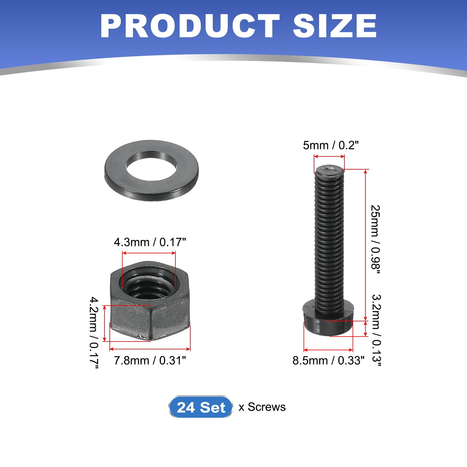 PATIKIL M5x25mm Black Nylon Bolts Plastic Nuts Full Thread Head Screws, 24 Pcs, M5*25mm - Image 2
