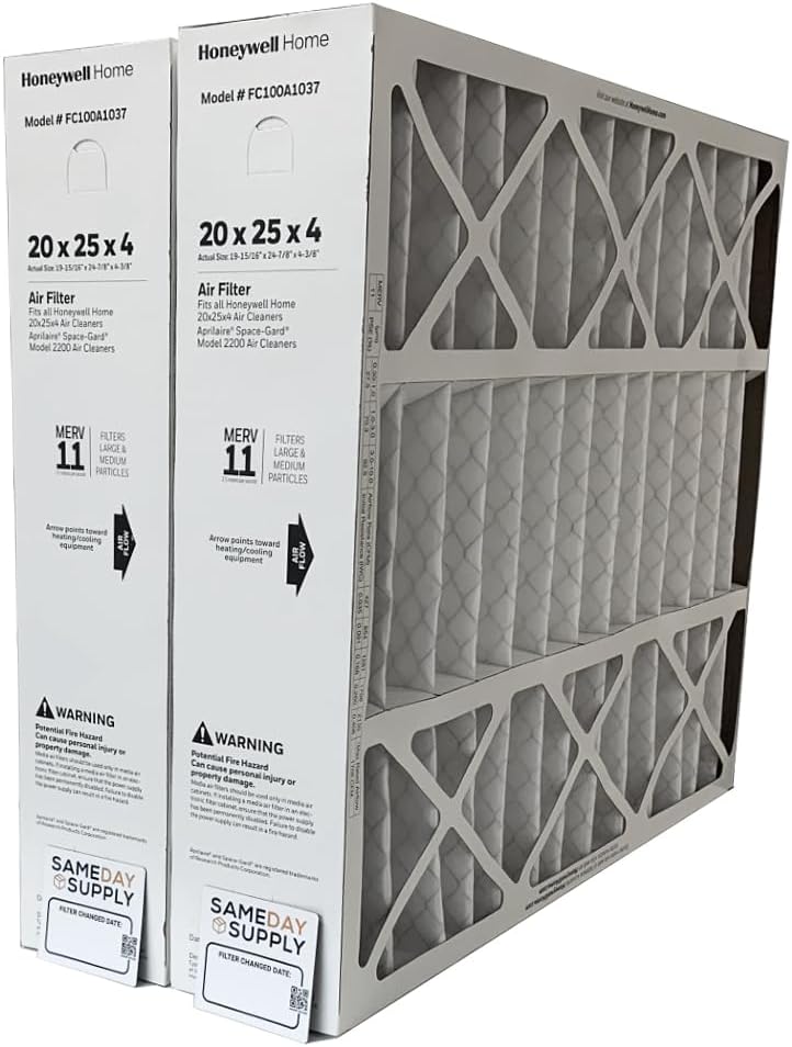 Honeywell FC100A1037-20" x 25" x 4" Pleated Air Filter, MERV 11 Bundle with Same Day Supply Filter Change Reminder (2-Pack)