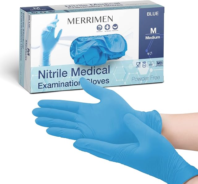 Merrimen Nitrile Gloves - BLUE | Disposable  Box of 100 | Medium Ambidextrous Nitrile Gloves | Latex & Powder Free | For Safe Hands Against Allergies