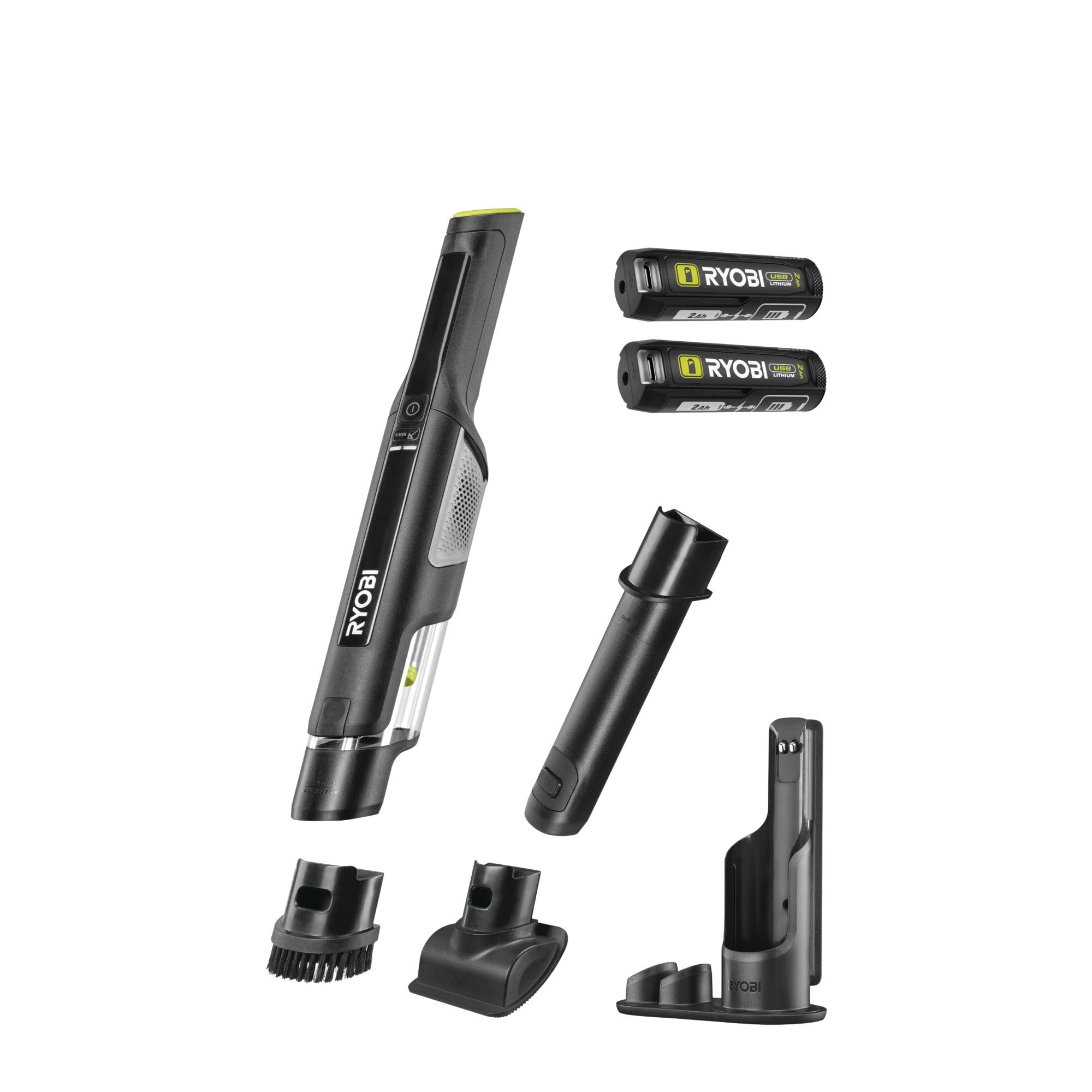 RYOBI Aspirateur à Main USB Lithium™ Brushless – Nettoyage canapé, Voiture et Petits espaces – Station de Recharge + 2 Batteries 2,0 Ah incluses – RHV44-220G