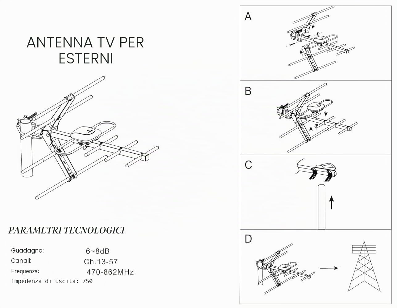 Kit di installazione antenna TV digitale 4G per esterni, antenna da tetto per Smart Freeview HD antenna TV esterna digitale + connettore coassiale maschio femmina 10 m RG6 cavo di fissaggio viti dadi