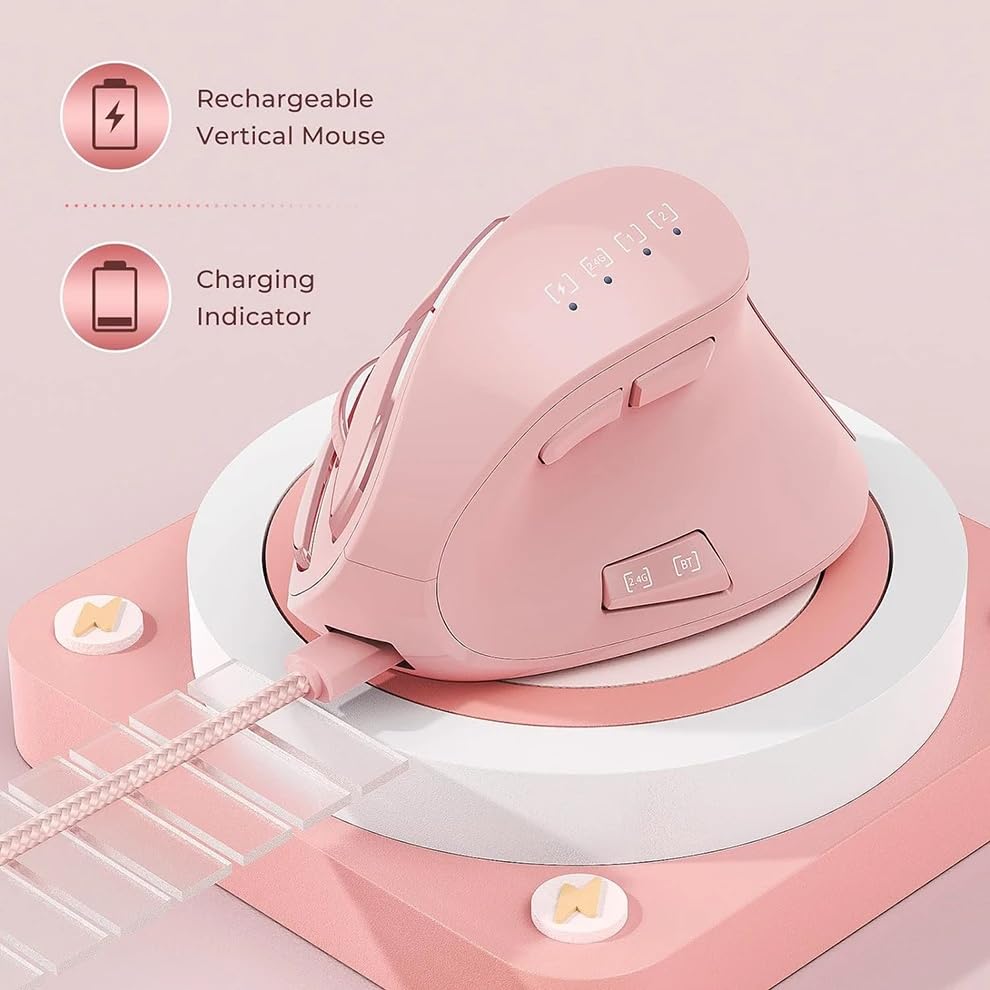 Image of Vertical Mouse, Wireless Ergonomic Optical Mouse (BT 5.0 + Bluetooth 3.0 + USB Connection) with 9 Buttons, Rechargeable Computer Mouse for Wins PC /Laptop, Mac (Pink)