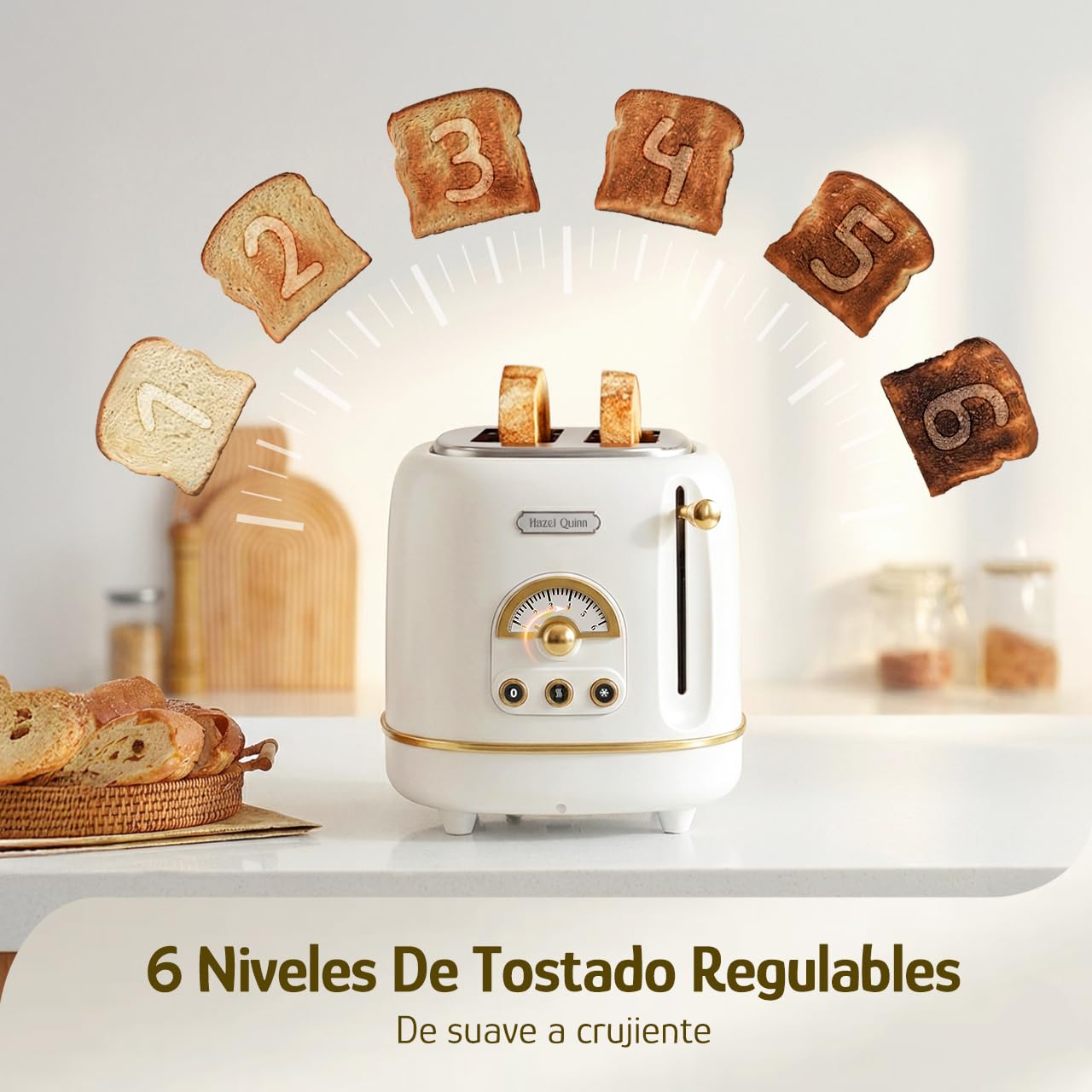 Hazel Quinn Tostadora Retro de 2 Rebanadas con Bandeja de Migas Desmontable, Ranuras Anchas de 3,8 cm, 6 Niveles de Tostado, Funciones Cancelar/Descongelar/Recalentar, Estilo Vintage, Blanco Perla