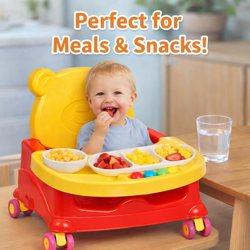 Braintastic Baby Booster Seat Cum Hanging Swing for Kids | 2-in-1 Multipurpose Toddler Feeding Chair with Tray, Rope & Wheels | Safe Plastic Baby Seat (6 Months–3 Years) (Red/Yellow Wheel) 1
