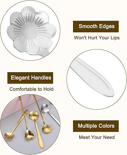 Miniatura 10 de uxcell 4 cucharas de flores de acero inoxidable con forma de flor de sol de 5 pulgadas, cuchara de café pequeña cucharadita de postre para pastel de