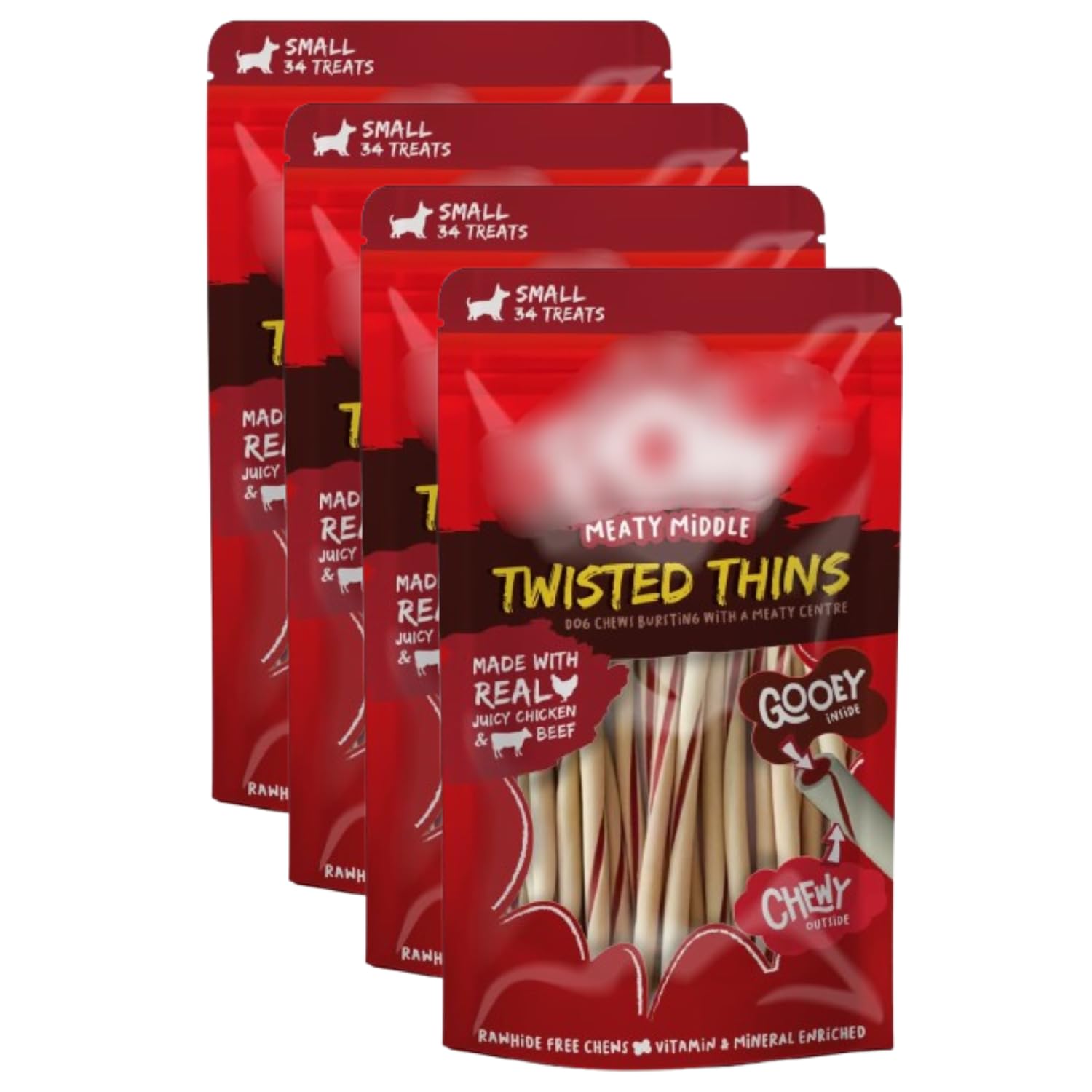 (4 Pack) Twisted Thins 34pk - Chicken & Beef - These Twisted Thins Are An Amazing Treat For Your Dog - Made With Real Juicy Chicken & Beef.