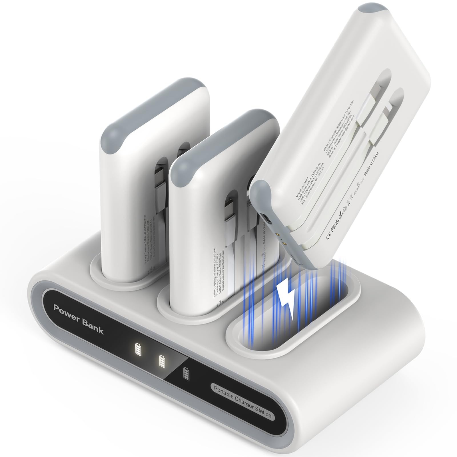 Powerbank mit Ladebasis, 3 Stück 9000mAh Powerbank Klein mit Kabel | USB-C Ausgang/Eingang für 9 Geräte Gleichzeitig und iPhone Samsung, Ladestation für Familien, Zuhause, Büro, Camping