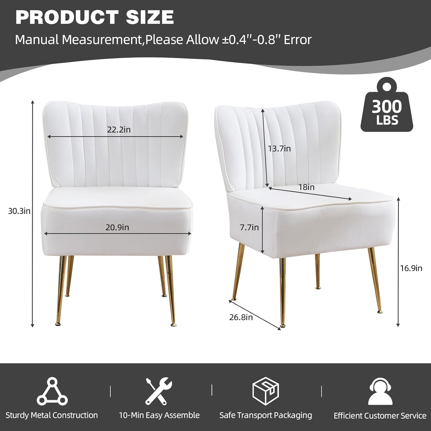 Modern Vintage Accent Chairs Set of 2 with Golden Metal Legs Velvet Upholstered Armless, Single Sofa Side Chair for Kitchen, Reading&Living Room, Beige