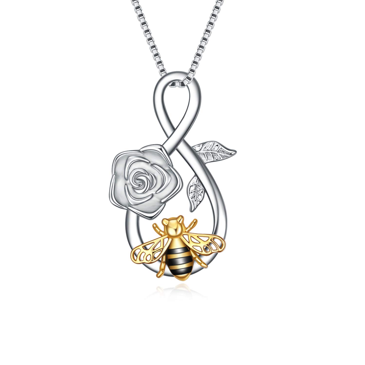 YAFEINI Bee Necklace Sterling Silver Infinity Love Bee Pendant Necklace with Rose Flower Jewellery Gifts for Women Teens