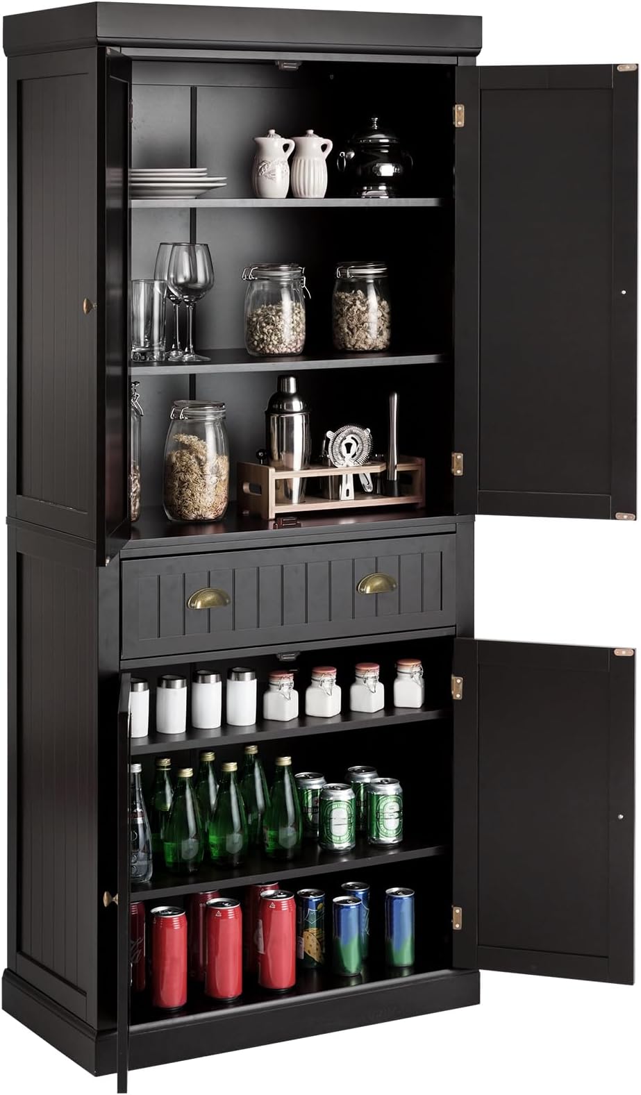 TANGZON Tall Kitchen Cupboard, 183cm 4-door Storage Cabinet with Drawer, Adjustable Shelves, Door Racks & Anti-tipping Device, Freestanding Wooden Sideboard Organiser (Dark Brown, without Door Racks)