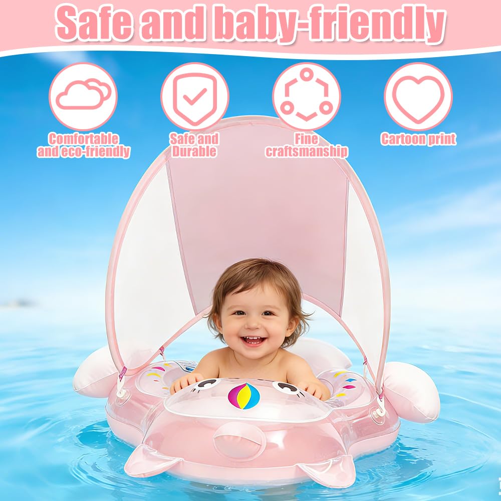 Salvagente Neonato, Ciambella Neonato Con Parasole E Pompa Ad Aria, UPF50+ Protezione UV, Salvagente Bambini Per Adatto Per Bagno, Piscina, Mare Per Bambini Dai 3 Ai 36 Mesi (L)