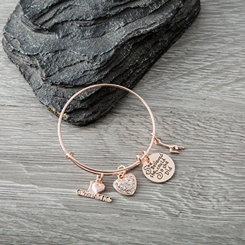 Image of Infinity Collection Gymnastics Charm Bangle Bracelet- Rose Gold Plated She Believed She Could So She Did Gymnastic Jewelry - Gift For Gymnast