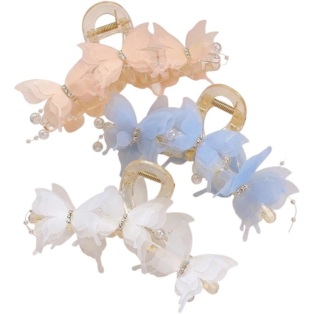 Hrippy 3pcs Non Slip Pearl Butterfly Jaw Hair Claw Clip, Strong Hold Hair Accessory for Womens Thick Thin Hair Styling