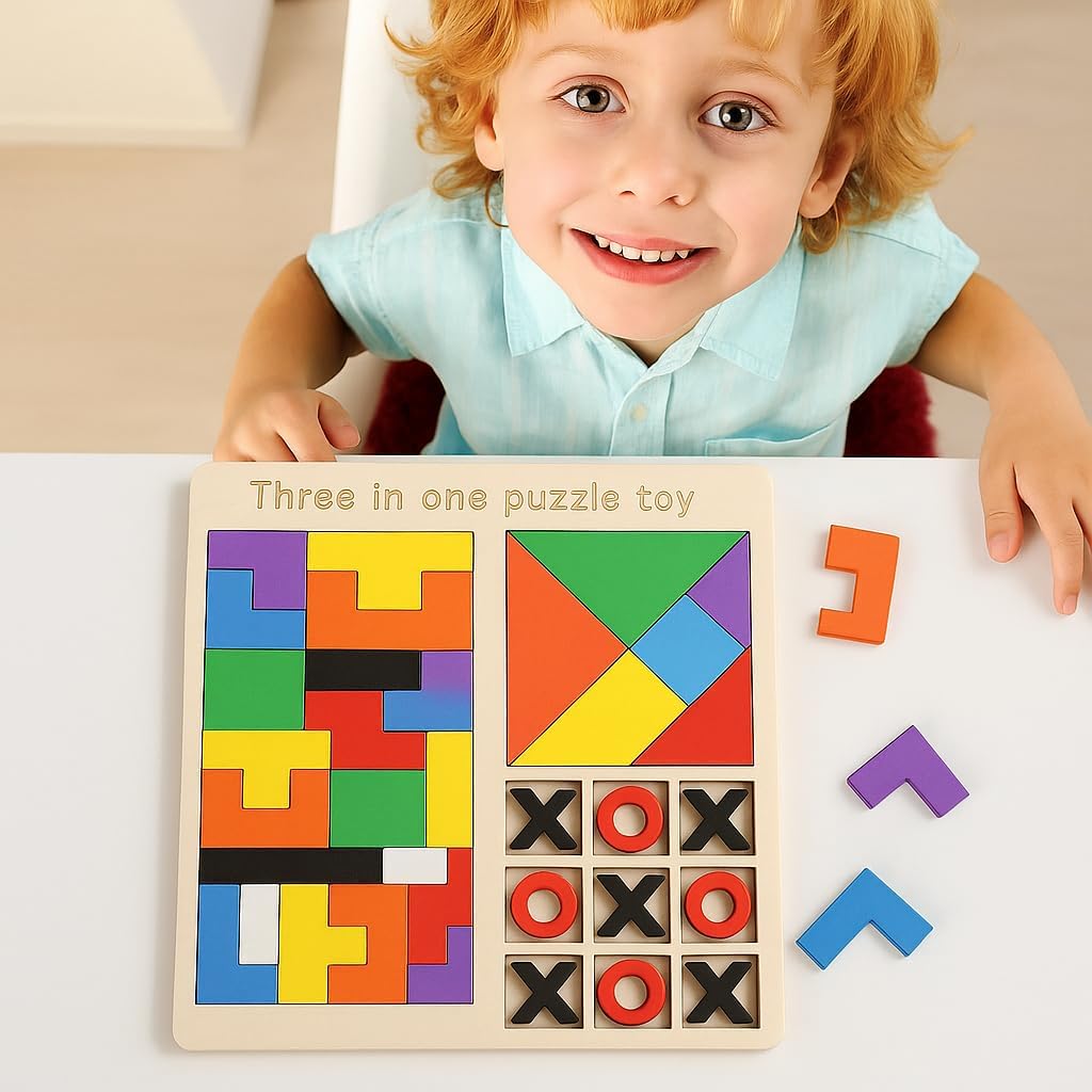 GaxQuly 3-in-1 Wooden Puzzle Board for Kids Children's Educational Colorful Square Tangram Game Chess Xo Tic-Tac-Toe Nine-Square Three-in-One Montessori Puzzle Set Building Blocks (Antique) 4