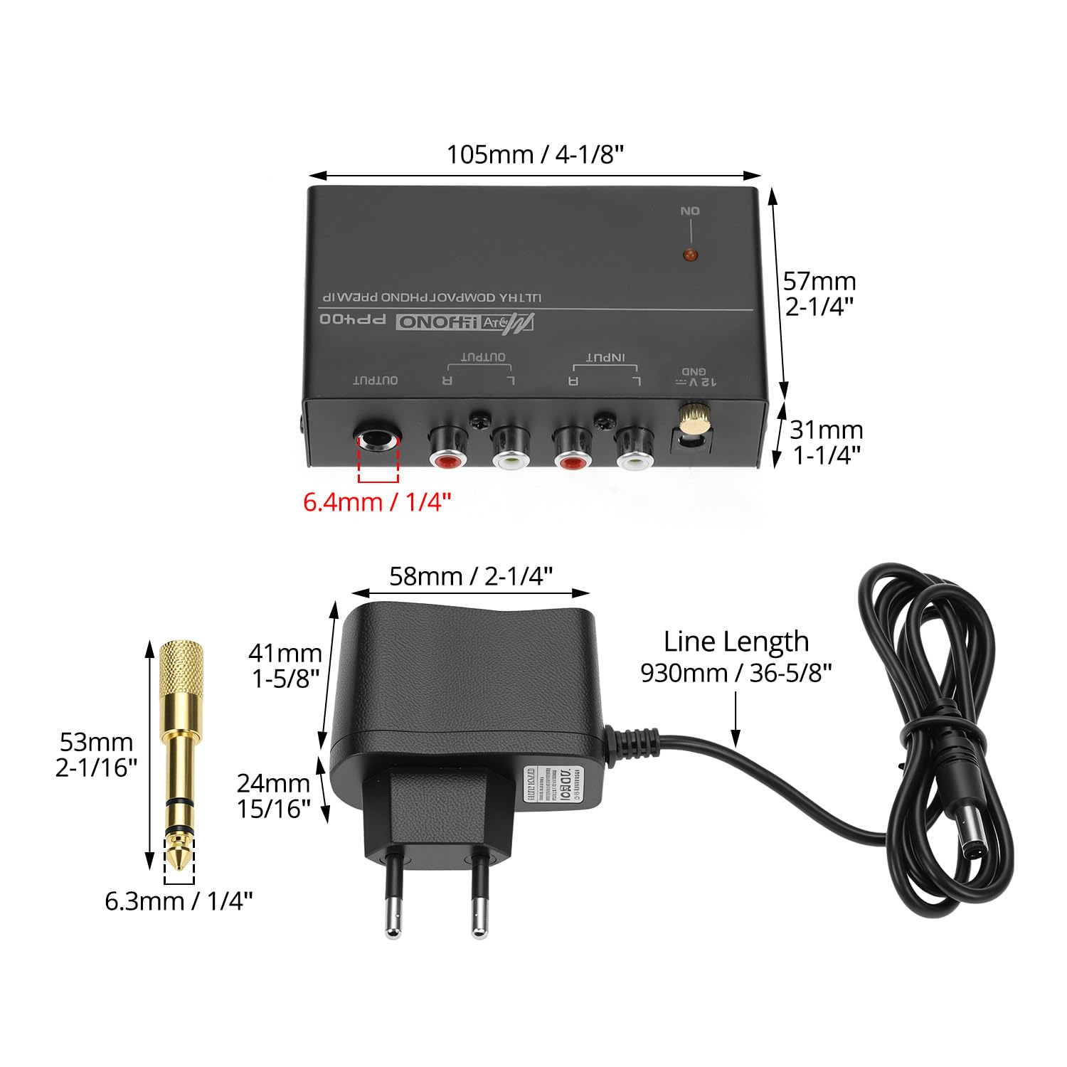 QWORK Preamplificatore phono stereo DC 12V uscita RCA 6.35