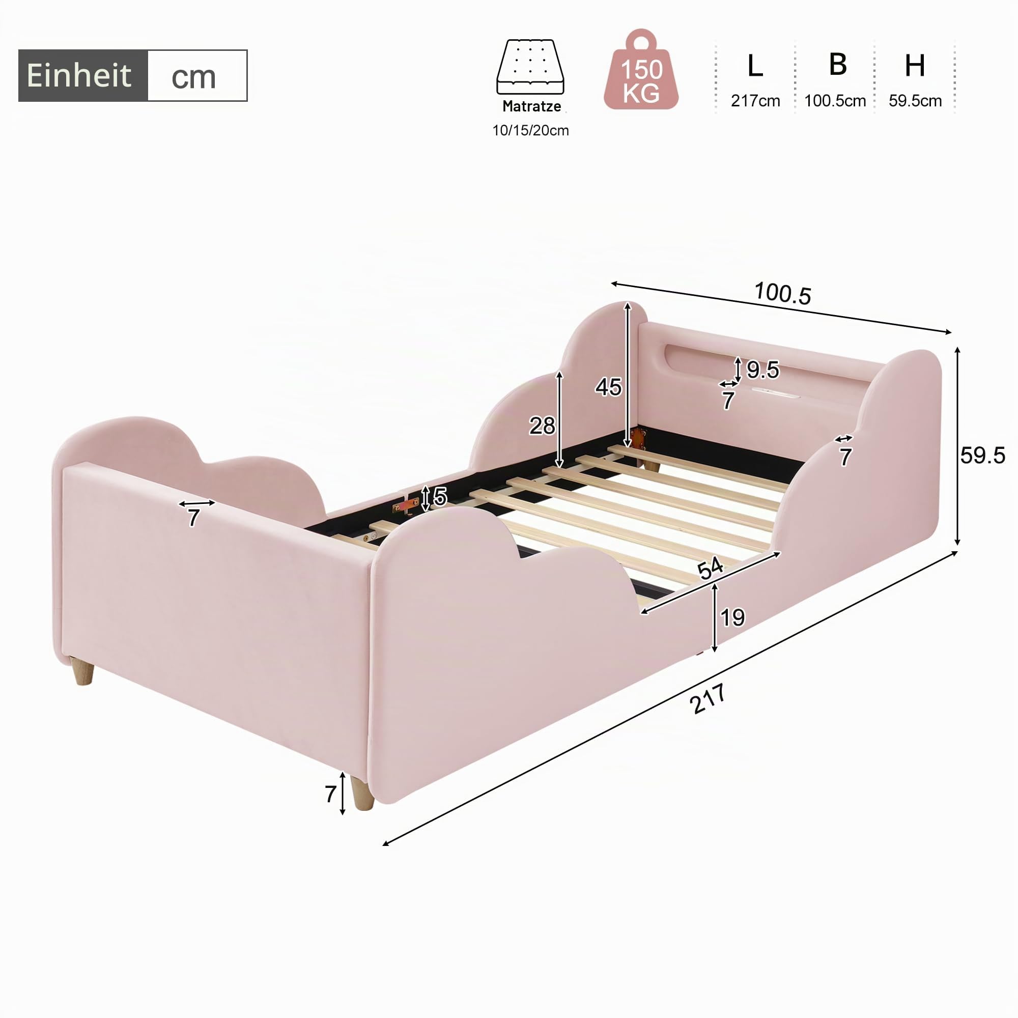 Kinderbett Polsterbett 90x200, Einzelbett mit LED Nachtlicht, USB-Ladeanschluss und Ablagefächern, Jugendbett Funktionsbett Bettgestell mit Rausfallschutz und Lattenrost, Samt, Ohne Matratze, Rosa