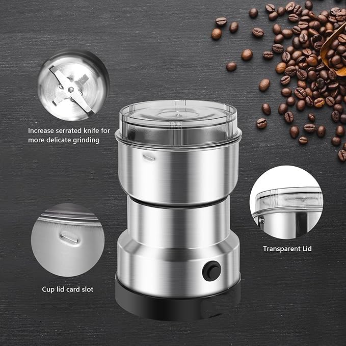 Image of Electric Coffee Grinder with 300ml Stainless Steel Cup, Small Mixer Grinder, Mini Grinder Machine for Kitchen, Portable for Coffee Beans, Masala, Dry Ingredients