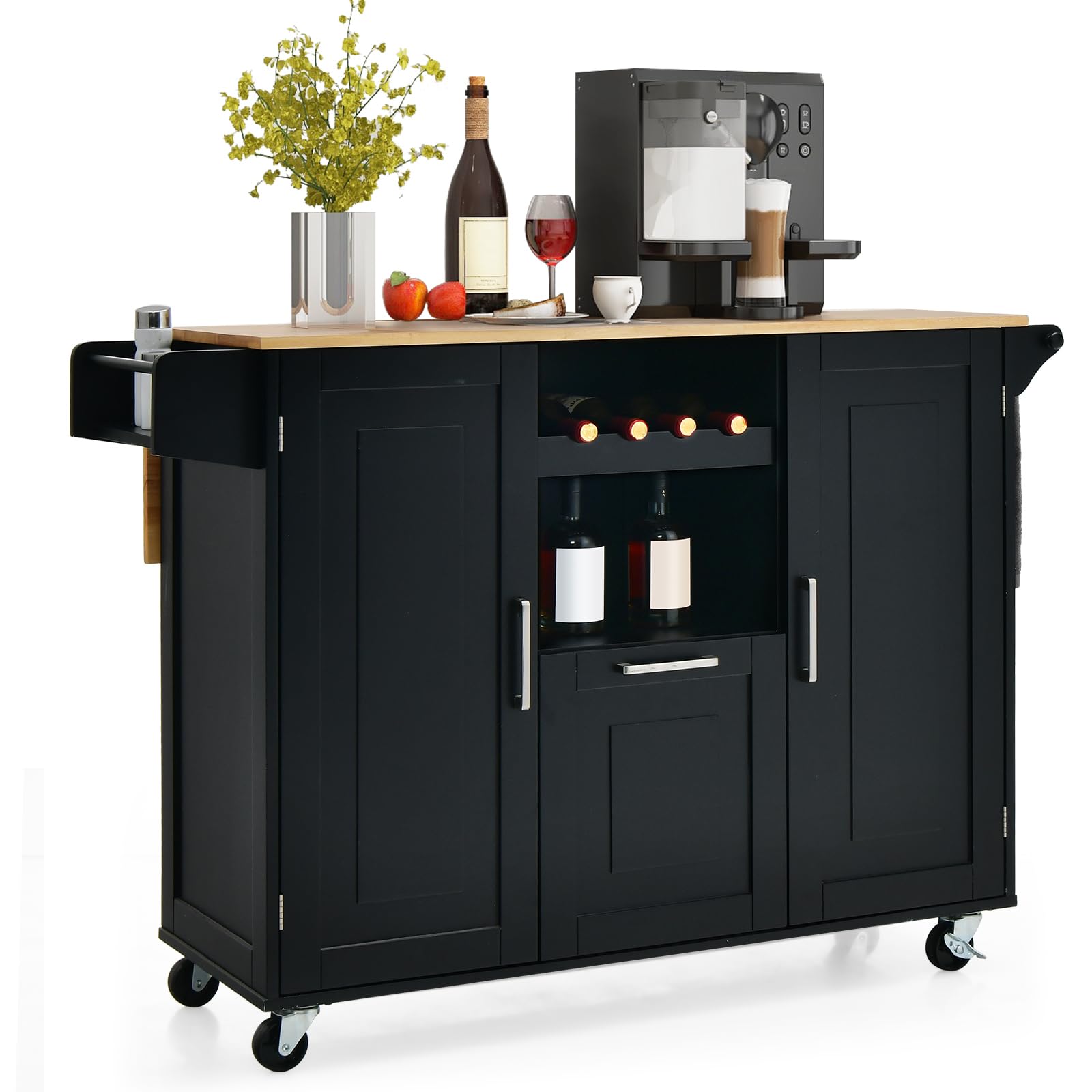 GYMAX Carrello da Cucina, con 2 Armadietti, 1 Cassetto, 1 Scomparto e 1 Portabottiglie, Tavolo Isola per Servizio con 4 Ruote, Portaspezie e Portasciugamani, 130 x 74 x 90 cm (Nero)