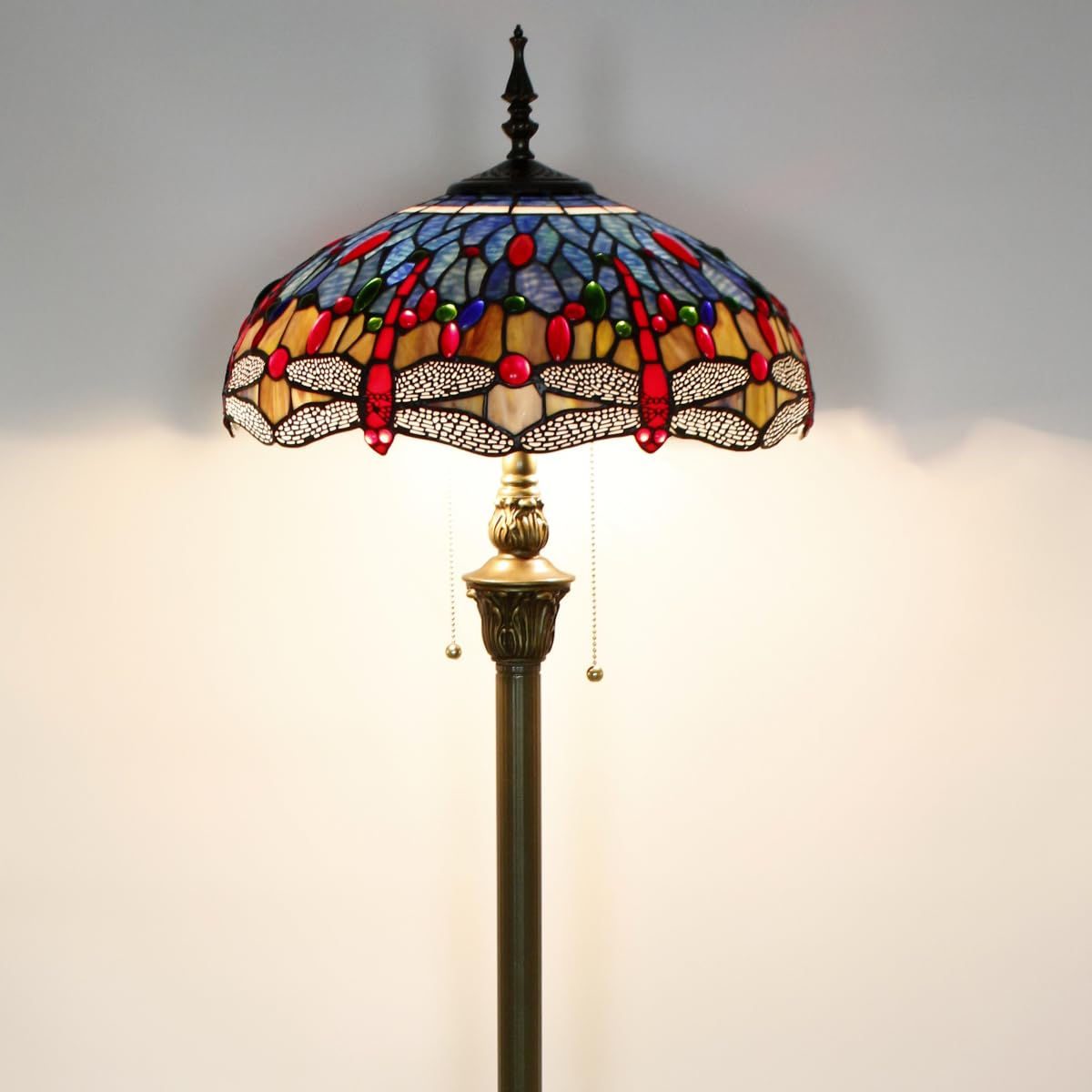 WERFACTORY Tiffany Floor Lamp Dragonfly Blue Brown Stained Glass Standing Reading Light 16X16X64 Inches Antique Pole Corner Lamp — view 3