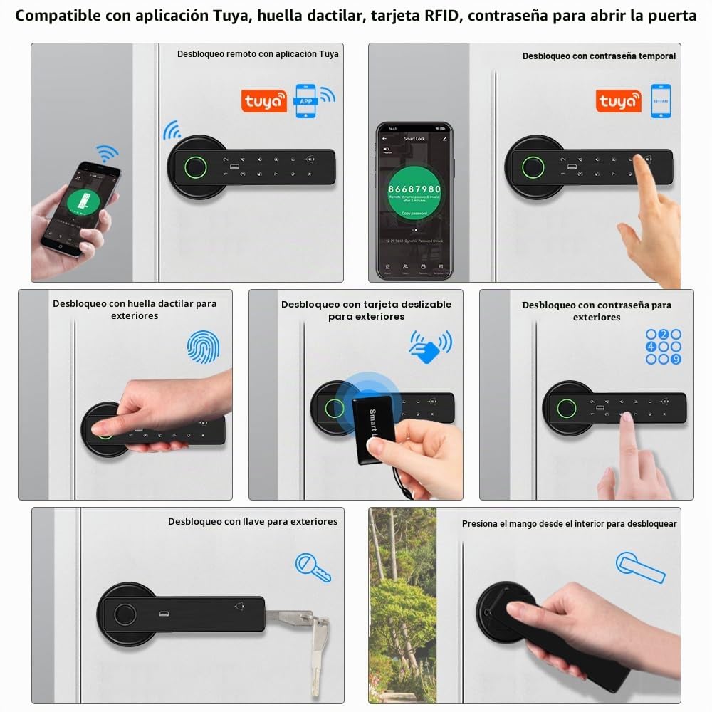 Cerradura Inteligente 5-en-1 Puerta Manija Electrónica Teclado Contraseña WiFi TUYA Smart Lock Huella Dactilar Biométrica Digital RFID IC Tarjeta Táctil Puerta Principal para Casa Oficina
