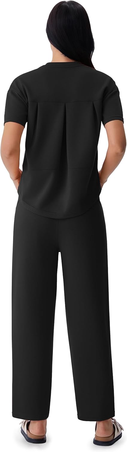 AFITNE Women’s 2 Piece Lounge Set Short Sleeve Top and Wide Leg Pants Vacation Outfits Travel Casual Matching Tracksuits - Image 3