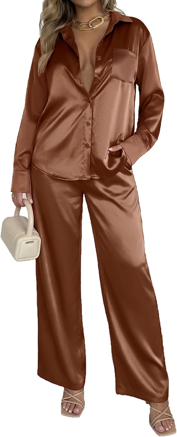 Ekouaer Womens Satin Silky Sets 2 Piece Animal Print Sets Fashion Lounge Sets Button Down Long Sleeve Outfits With Pockets