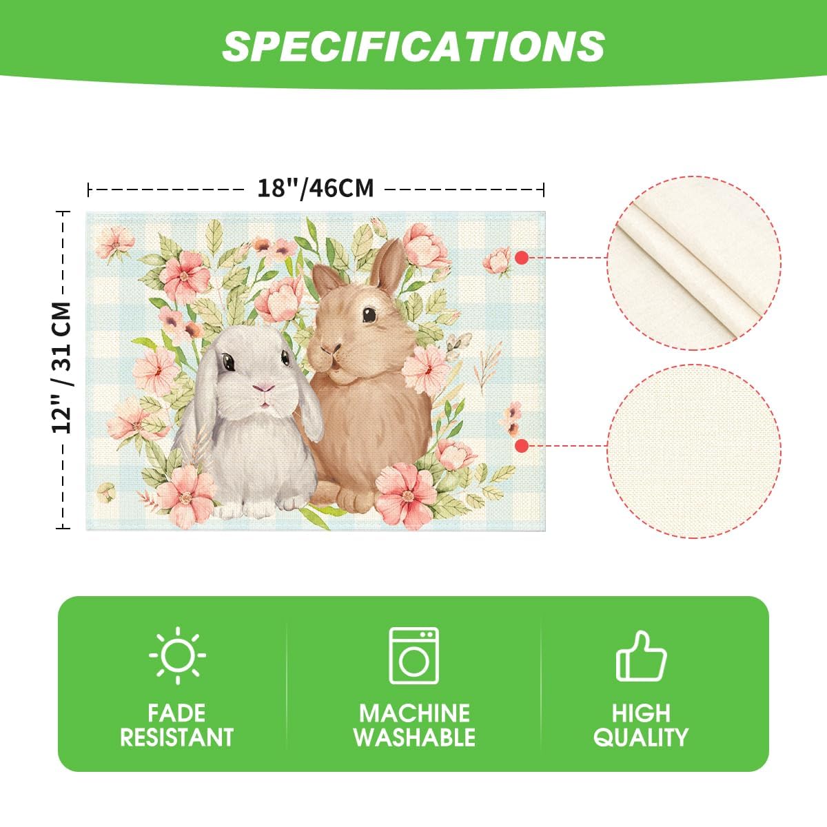 Artoid Mode Lot de 4 sets de table motif lapin à carreaux de