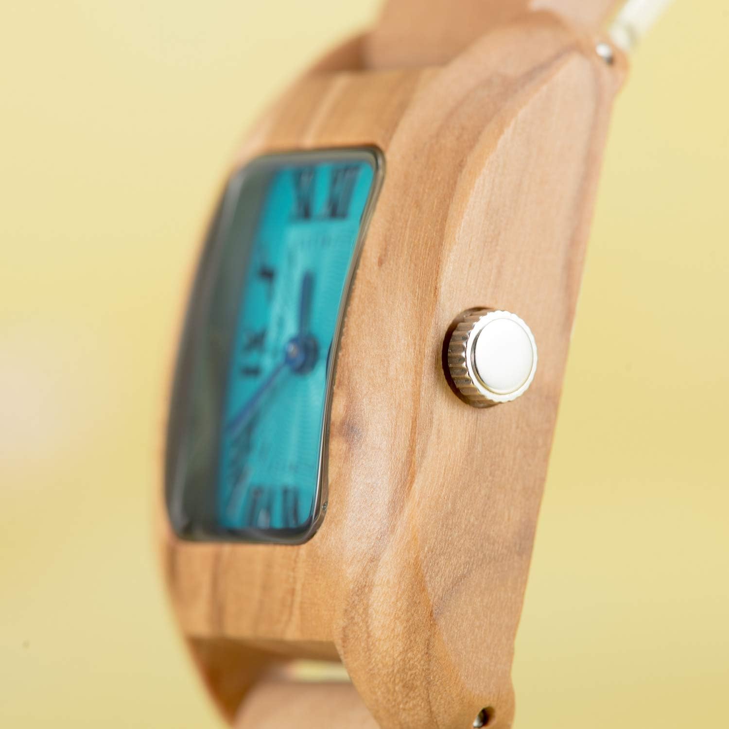 Womens Wooden Watch Rectangle Square Lightweight Elegant Blue Dial Natural Olive Wood Hand & Case Wooden Wrist Watch for Women
