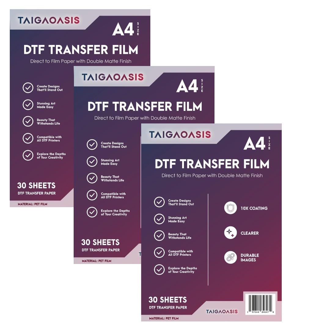 TAIGAOASIS DTF Transfer Film A4-90 Sheets, Anti-Static, Direct to Film with Double Matte Finish - 10X Coating for Brighter, Clearer, Durable Images
