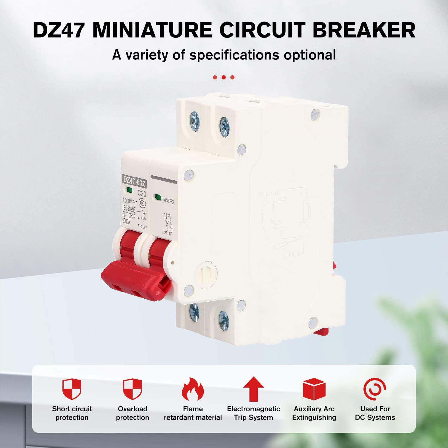4 Pièces Disjoncteur Miniature 1000V DC 2P 20A Din Rail Mount Protection Contre Les Surcharges à Domicile Interrupteur D'air pour Lignes de Distribution D'éclairage Résidentiel Système PV Solaire
