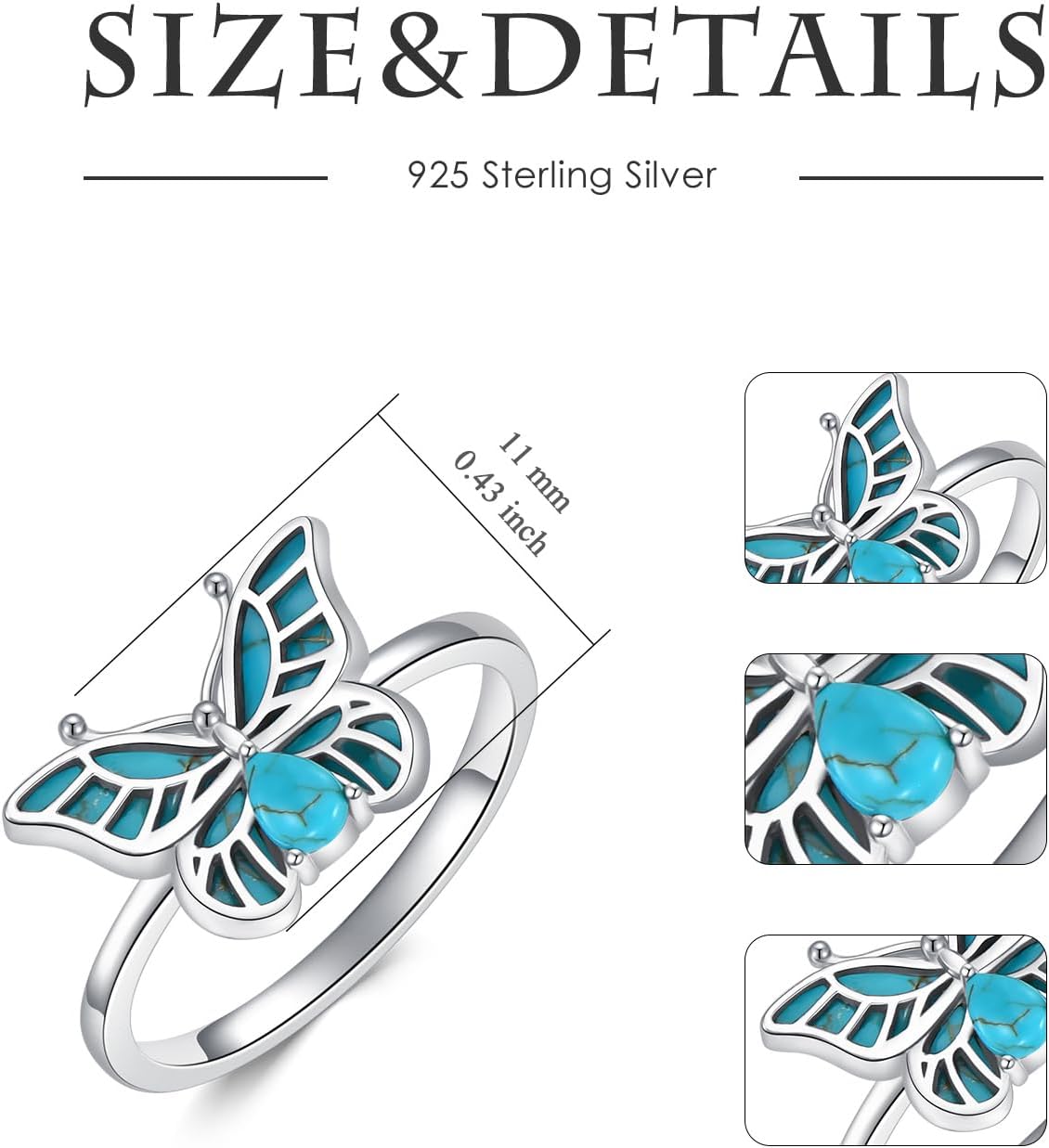 Turquoise Stone Butterfly Ring for Women 925 Sterling Silver Western Ring Genuine Gemston Jewelry Gift for Her Wife Mom