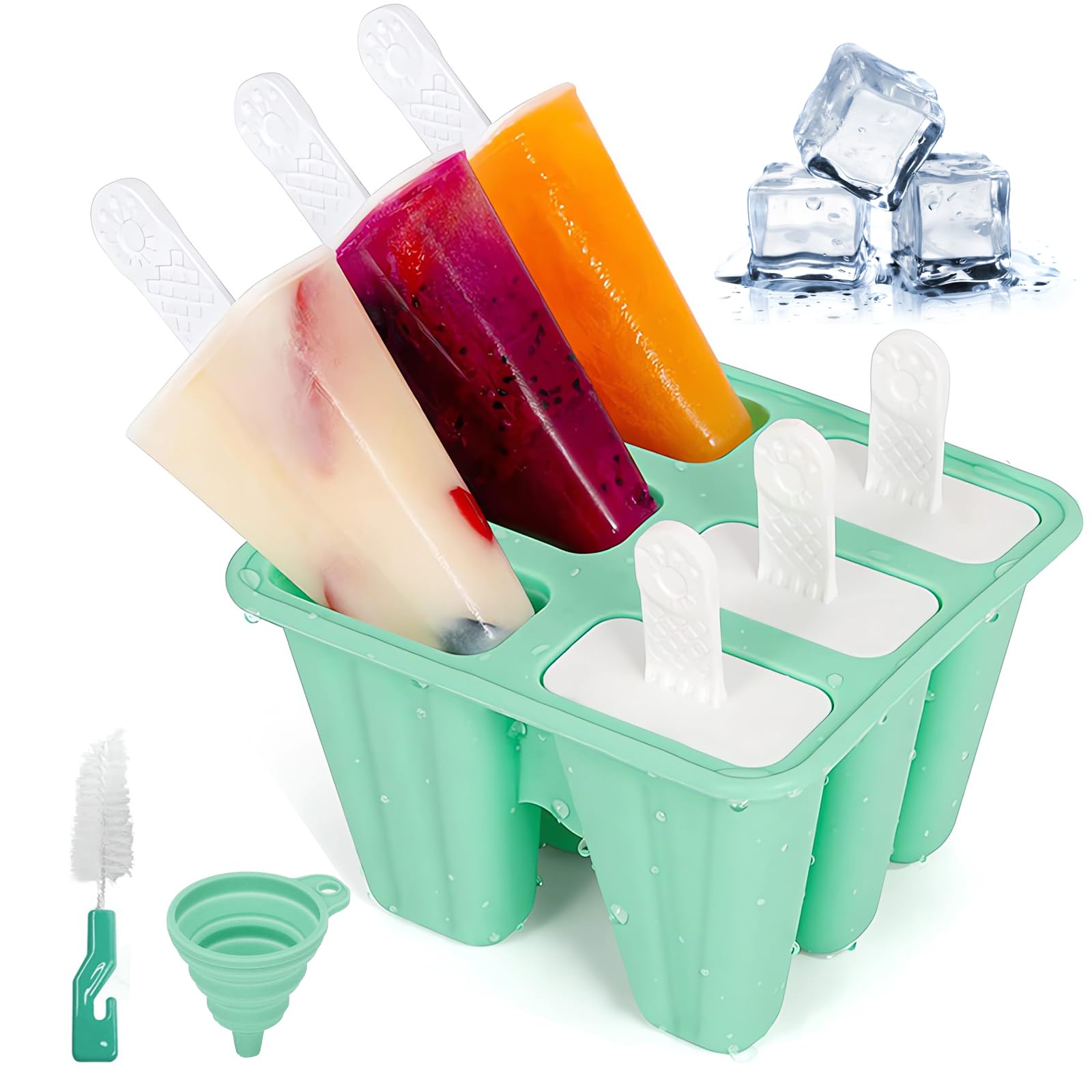 Moldes para Helados de Silicona, Moldes Helados con Embudo y Cepillo de Limpieza, Reutilizable Moldes para Paletas, Ice Cream Mold para Niños, Adultos (Verde, 6 Cavidades)