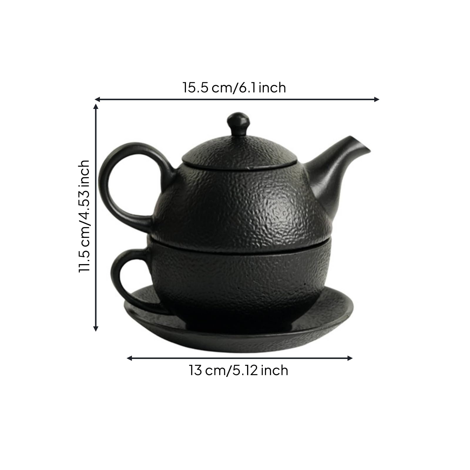 Colcolo Tetera Industrial Tetera de Hierro Fundido Jarra de Té con Asa Lateral Taza Plato Base Colador de Malla Integrado Acabado Martillado Adecuada para Oficina Hogar Regalo