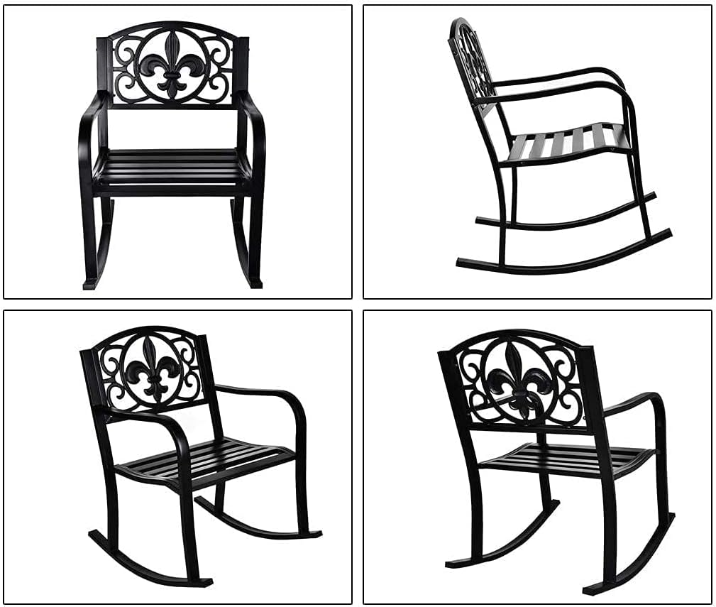 Grepatio Outdoor Patio Rocking Chair Set of 2, Wrought Cast Iron Furniture Chair Metal Rocking Seat Chairs for for Deck, Backyard or Garden w/Scroll Design (Black-2Pcs)