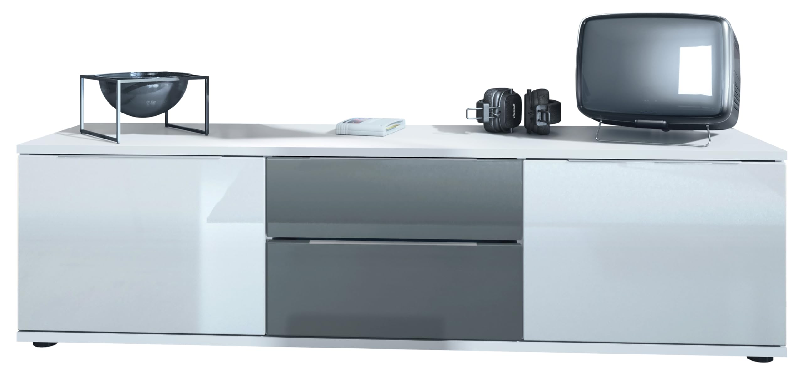 Vladon TV Lowboard Linio V1, Fernsehtisch mit 2 Türen und 2 Schubladen – Weiß/Grau Hochglanz (138,5 x 37,5 x 35 cm)