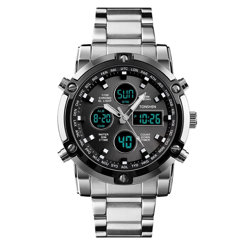 TONSHEN Acier Inoxydable Digitale Montre Homme Multifonctionnelnel Outdoor Sport Analogique Quartz LED Trois Double Montres Bracelet Décontracté Style Chronomètre Alarme