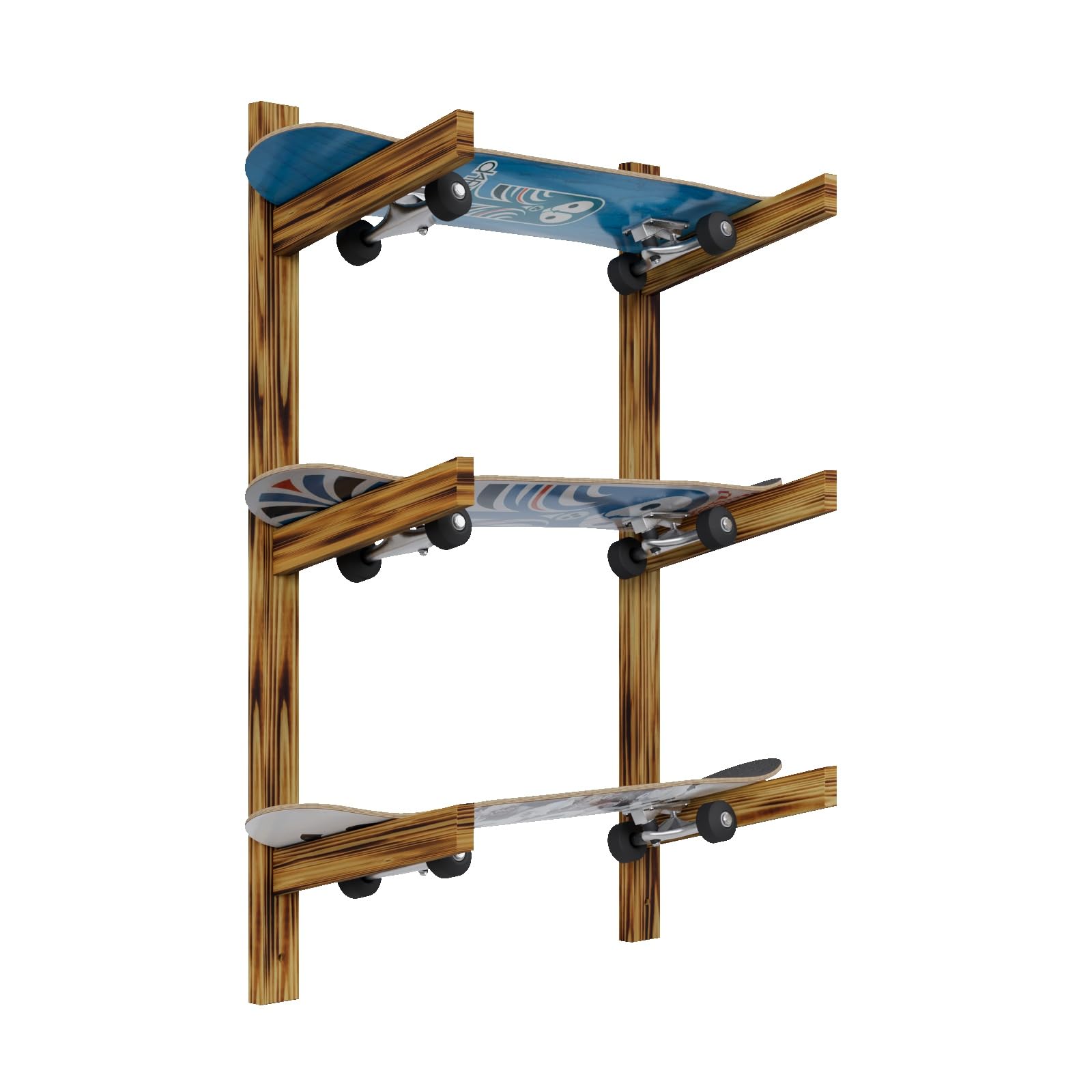 QLS Supporto da parete in legno di pino per 3 paia di skateboard, snowboard e sci, mensola da parete, salvaspazio, larghezza regolabile, stabile, 100 x 5 x 29,5 cm