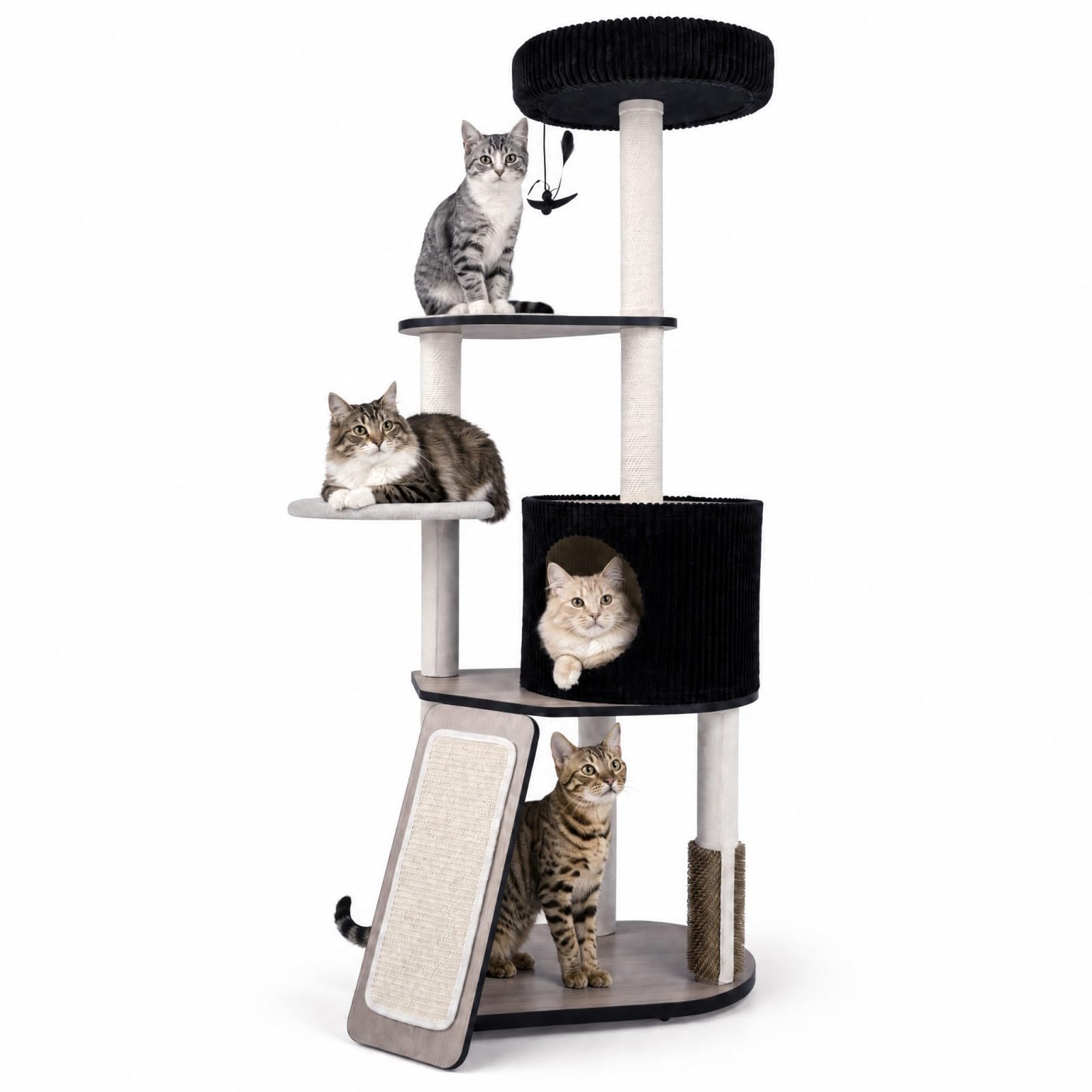 GOPLUS 155 cm Gran Torre de Gatos Multinivel con Postes Rascadores y Rampa | Árbol Rascador para Gatos con Casita, Percha Mullida, Plataformas y Juguete Colgante, Centro de Actividades para Gatitos