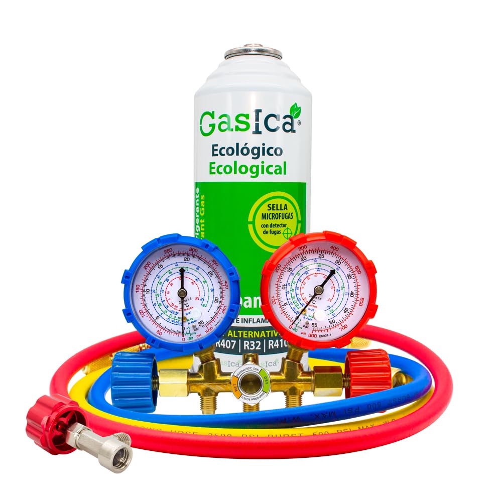 Pack Gas Refrigerante Orgánico Gasica V2 Sustituto del R22, R407, R32, R410A Y R290 más Llave de paso de perforación 1/2 hembra y Mangueras con Manómetro para recarga Aire Acondicionado Split