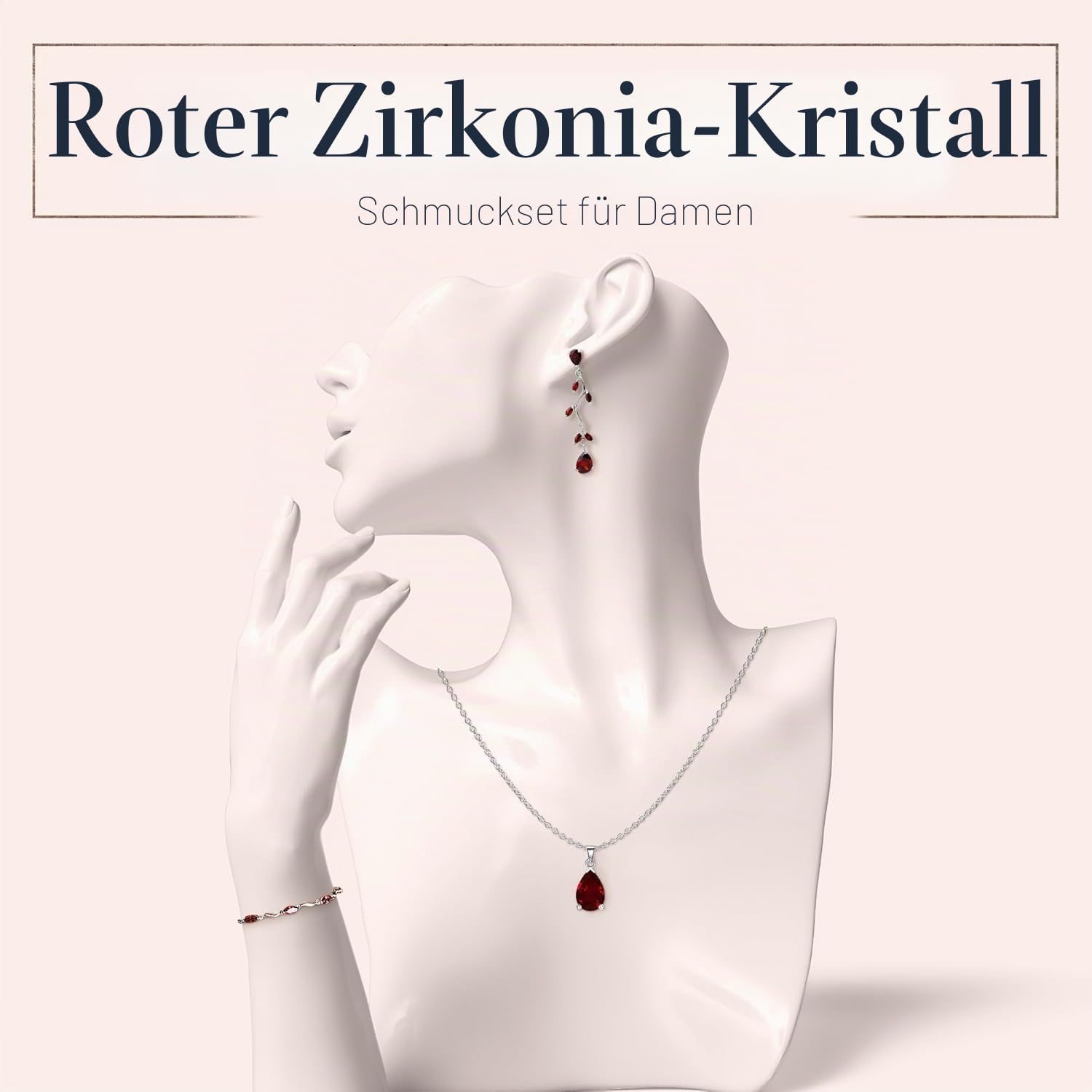 Crystalline Azuria Tropfenform Schmuck-Set mit Rot Zirkonia Kristalle Halskette 45 cm Ohrhänger Ohrringe Armband 18 kt Weiß Vergoldet