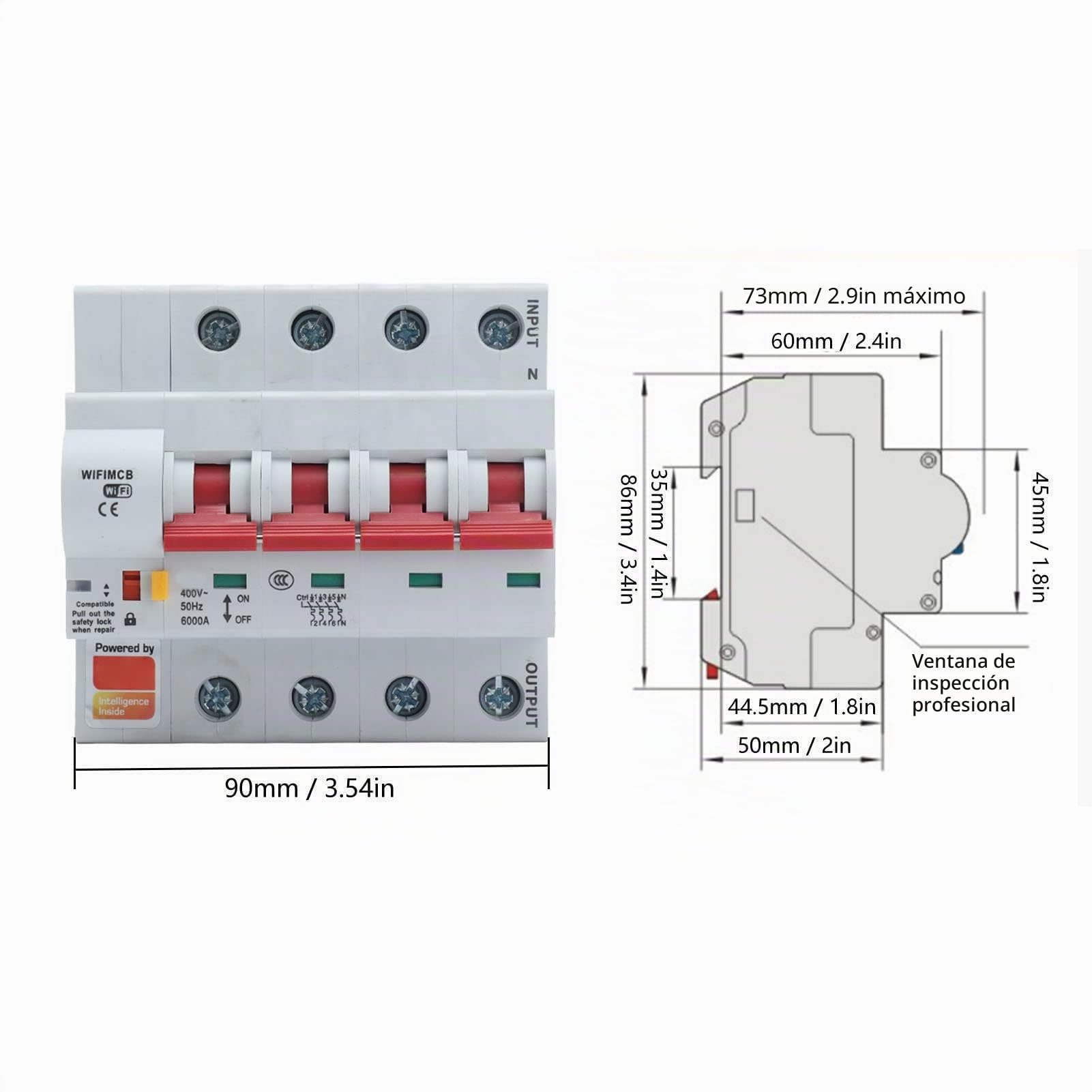 Disyuntor WiFi de 4 Polos Disyuntor de Control Remoto Disyuntor de Carcasa Ignífugo con Bloqueo de Seguridad AC400V((63A))
