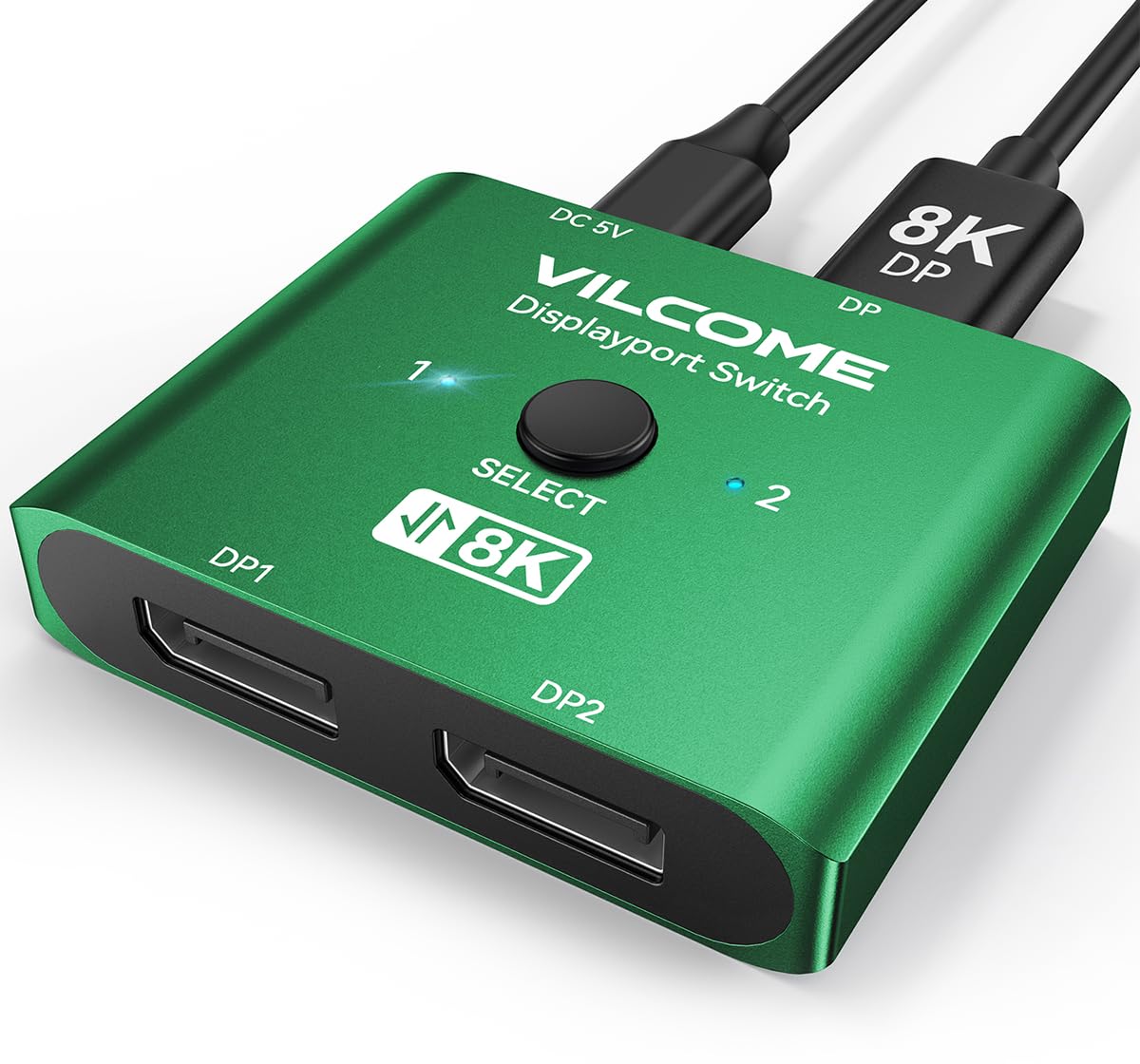 Vilcome DisplayPort Switch 8K Splitter, Plug & Play, One-Button Switching, Bidirectional Display Port Switcher Box 2 in 1 Out/ 1 in 2 Out, 8K@60Hz, 4K@120Hz, 1080P@240Hz for PC Monitor Laptop (Green)