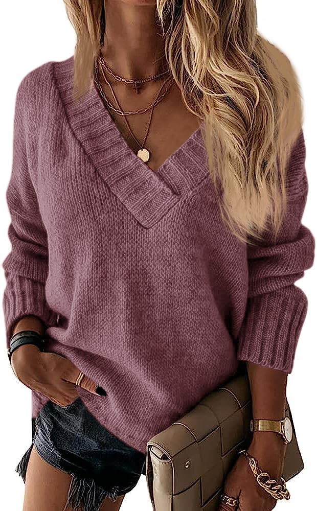 Wenrine Damen Pullover Winter Langarm V-Ausschnitt Strickpullover Sexy Lose Einfarbig