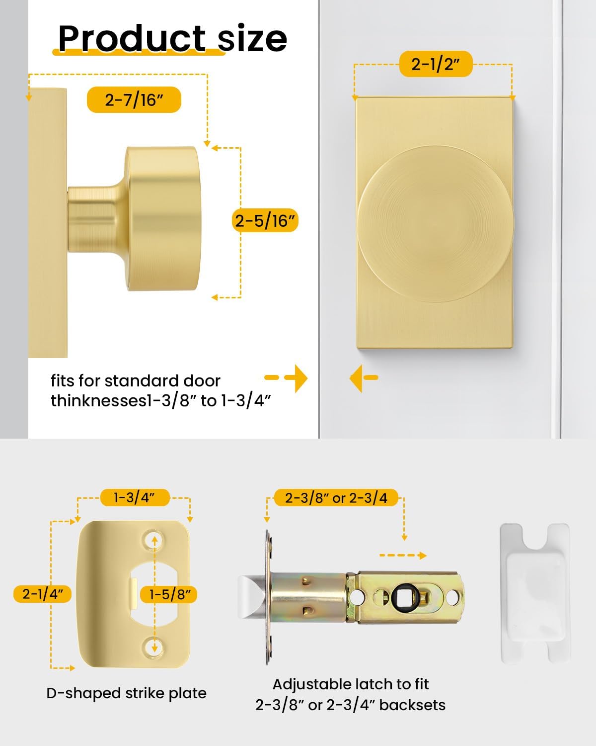 Goldenwarm Gold Door Knobs Passage, Zinc Alloy Brushed Gold Passage Door Knob, Heavy Duty Modern Hall and Closet Door Knobs, Hallway (3 Pack)