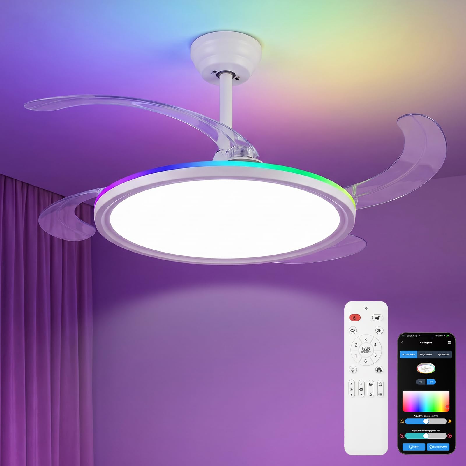 Oraymin Einziehbar Deckenlampe mit Ventilator 50CM, Reversible Ventilator mit RGB Backlicht, Fernbedienung und APP Steuerung